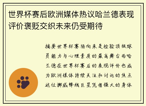 世界杯赛后欧洲媒体热议哈兰德表现评价褒贬交织未来仍受期待